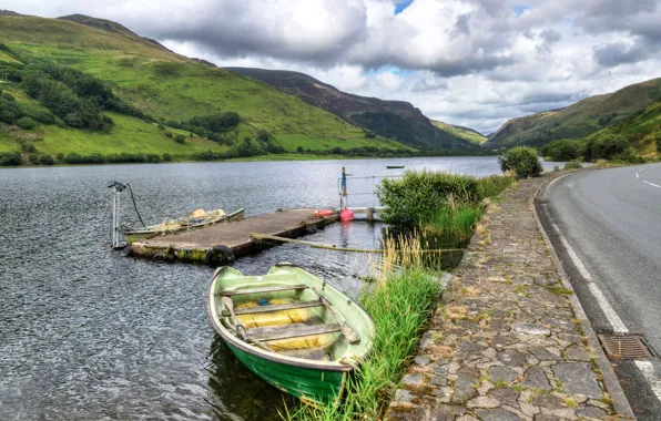 Picture road, mountains, lake, boat, pier, UK, Wales, Snowdonia National Park