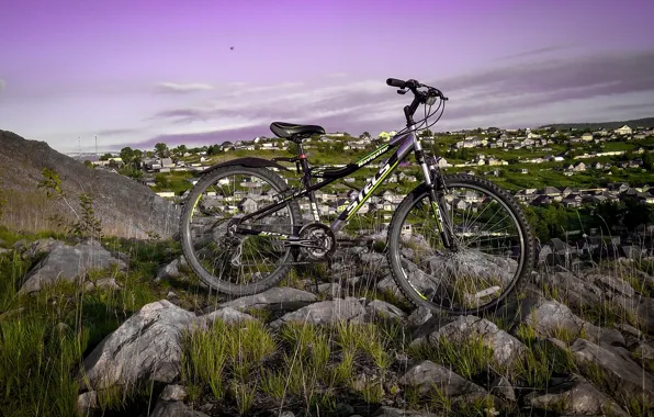 The sky, Grass, Rocks, Mountain, Bike