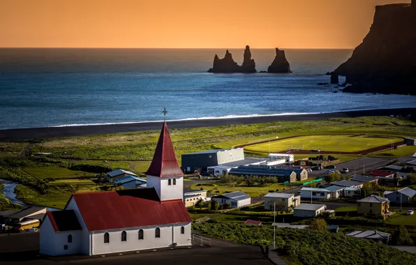 Sea, rocks, shore, home, village, Church, house, Iceland
