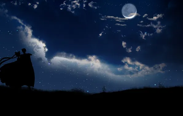 Girl, stars, clouds, night, the moon, guy, silhouettes, serenity