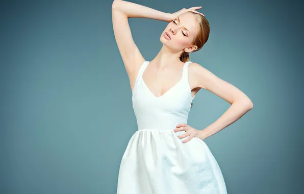Girl, pose, background, hands, white dress