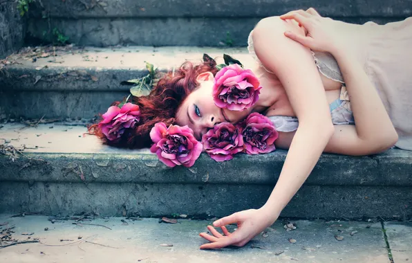 Girl, flowers, roses, ladder, steps