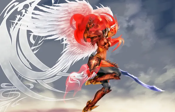 The sky, weapons, fiction, wings, sword, armor, Valkyrie, red hair