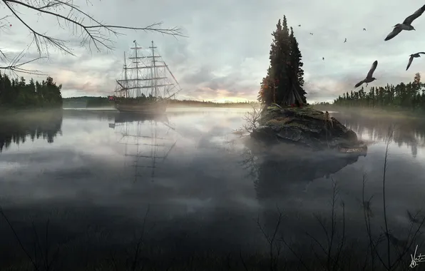 Forest, lake, ship