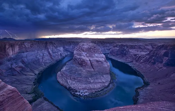 The storm, the sky, mountains, clouds, river, lightning, canyon