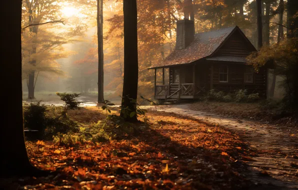 Autumn, forest, the sun, light, trees, fog, house, Park