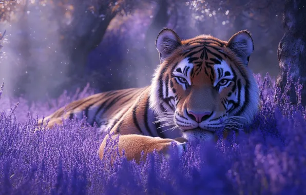 Forest, look, face, trees, flowers, nature, tiger, fog