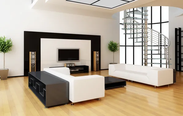 White, design, style, room, sofa, TV, speakers, ladder