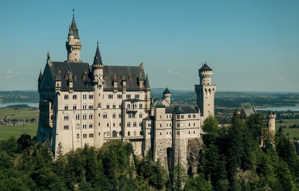 Forest, the sky, mountains, river, castle, rocks, blue, view