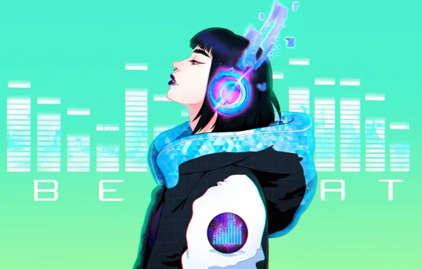 Girl, Minimalism, Music, Neon, Headphones, Style, Girl, Art