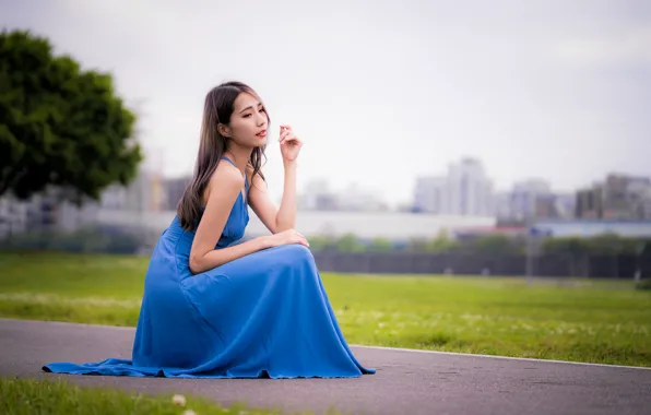 Picture dress, Asian, sitting, bokeh