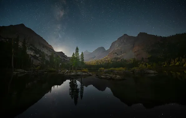 Landscape, mountains, night, nature, lake