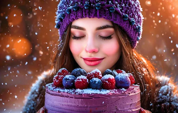 Snowflakes, ideal, cake, beautiful girl, Nega, digital art, digital art, AI art