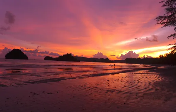 Thailand, trees, ocean, sunset, water, rocks, people, sand