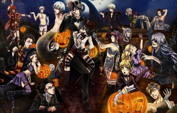Night, holiday, the moon, skull, art, pumpkin, halloween, Halloween