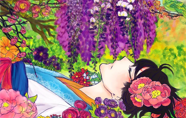 Picture girl, flowers, bird, art, lies, Anime, kimono, Anime