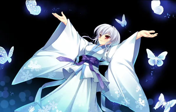 Picture girl, butterfly, night, smile, art, mikeou, manatsu no yoru no yuki monogatari, shinjou yukina