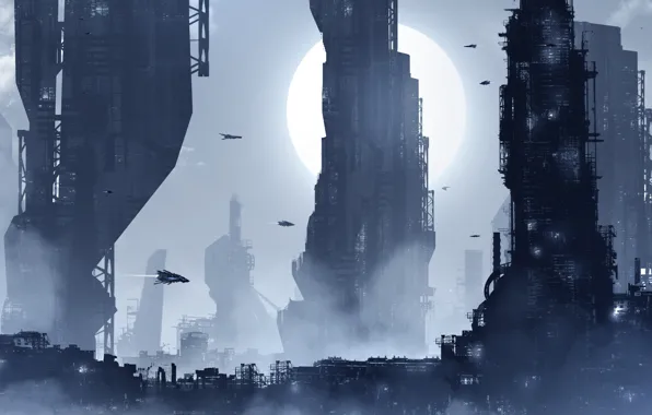 Figure, The city, Future, Skyscrapers, City, Landscape, Art, Fiction