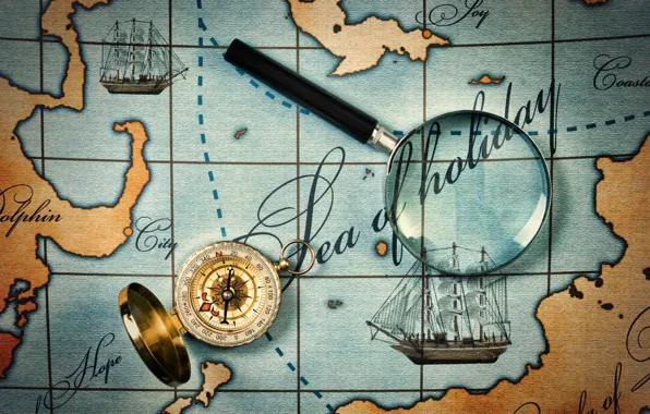 Islands, the way, magnifier, journey, compass, sea, continents, compass