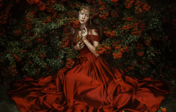 Look, girl, decoration, branches, pose, style, berries, gold