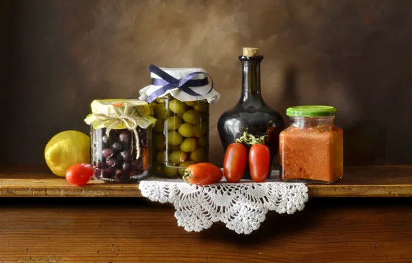 Picture table, background, bottle, dishes, vegetables, citrus, napkin, preserving