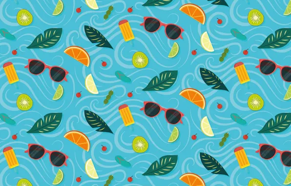 Sea, wave, summer, leaves, cherry, berries, curls, oranges