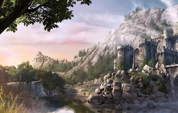 Picture trees, mountains, bridge, river, stones, castle, fortress