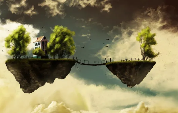 Picture the sky, birds, clouds, bridge, earth, house