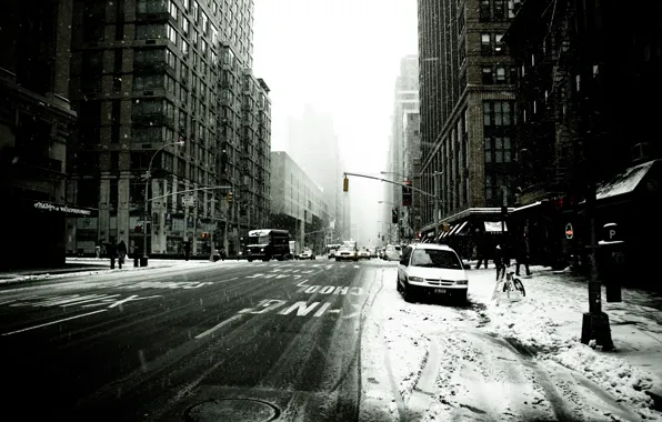 Winter, machine, the city, people, New York, skyscrapers, taxi, America