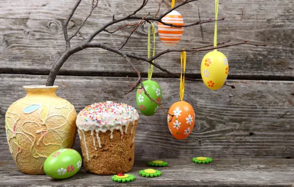 Picture branch, Easter, Eggs, vase, Holiday, Cake, Easter, eggs