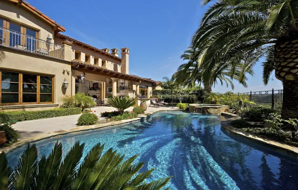Palm trees, Villa, pool, architecture, mansion, terrace