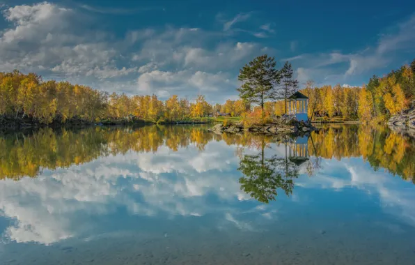 Picture autumn, trees, lake, reflection, Russia, gazebo, island, Altai Krai