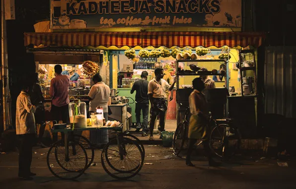 Night, street, people, shop, urban scene