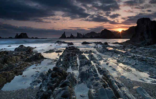 Sunset, The sky, Clouds, Sea, Rocks, Shore, Stone, Shoal