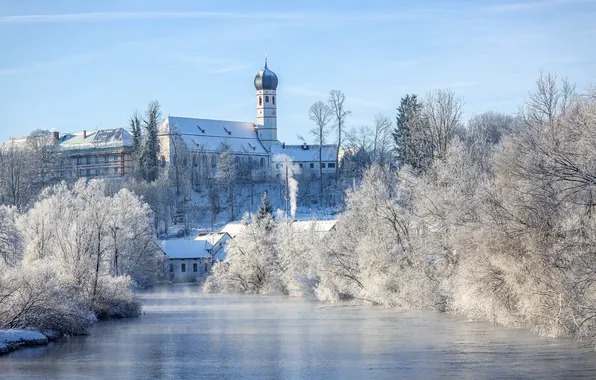 Winter, frost, light, snow, trees, branches, nature, Church