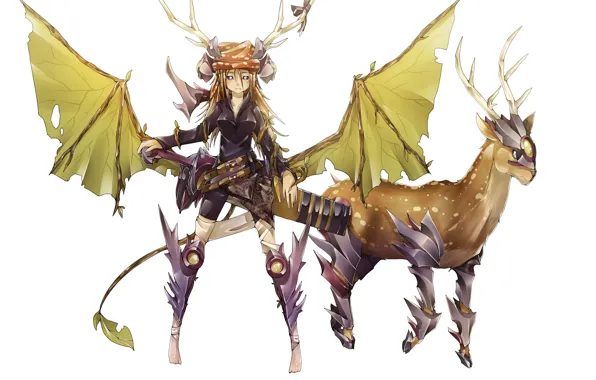 Picture girl, weapons, animal, wings, anime, deer, art, horns