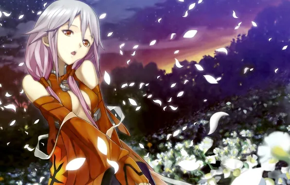 Picture the sky, girl, stars, flowers, night, anime, petals, guilty crown
