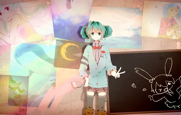 Picture art, girl, Board, Kawai, vocaloid, hatsune miku, brush, drawings