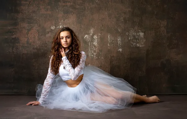 Picture look, girl, pose, background, wall, skirt, long hair, on the floor