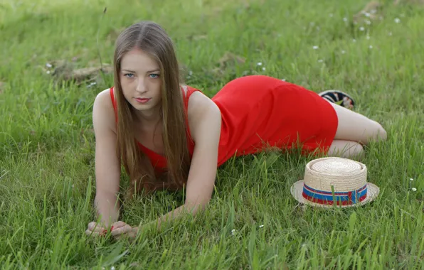 Grass, look, girl, pose, hat, red dress