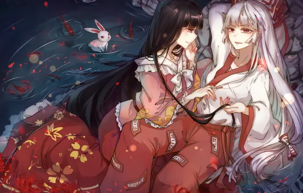 Fish, flowers, lake, girls, anime, rabbit, art, Touhou
