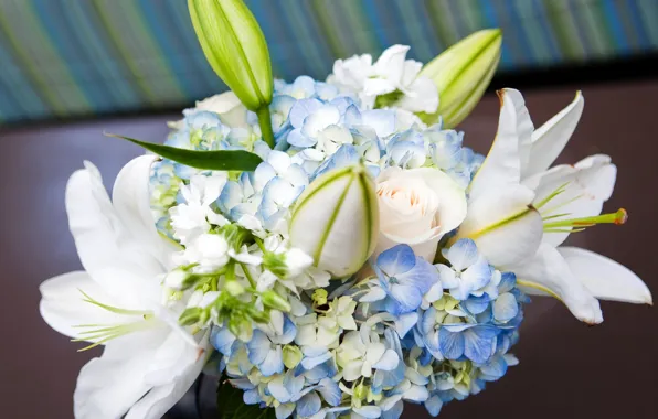 Download wallpaper flowers, Lily, rose, bouquet, white, buds, hydrangea ...