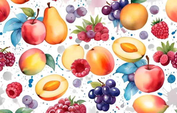 Berries, raspberry, apples, texture, blueberries, grapes, white background, fruit