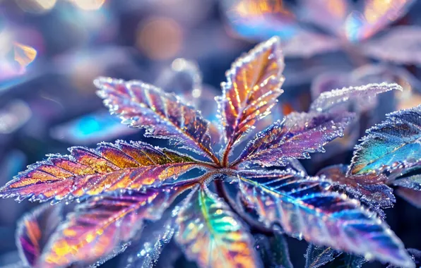 Leaves, Plant, Neon, Holographic