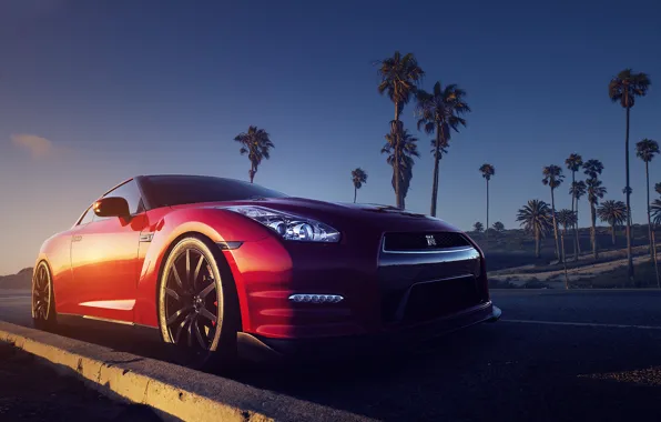 Nissan, Red, Front, R35, Road, Palms, Sundown, Gt-r