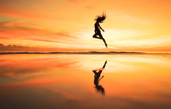Picture girl, sunset, jump, horizon, Over the horizon