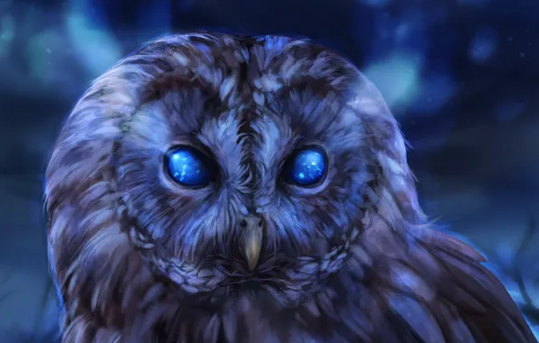 Space, owl, bird, the universe, bokeh, Owl, Artwork, glowing eyes