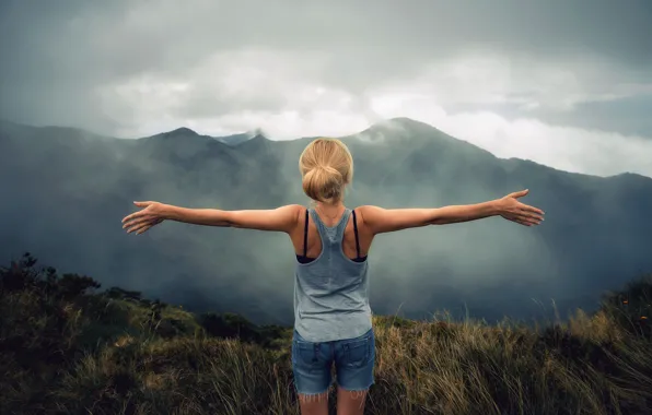 Picture girl, mountains, back, height, Portugal, The peak of the Pole