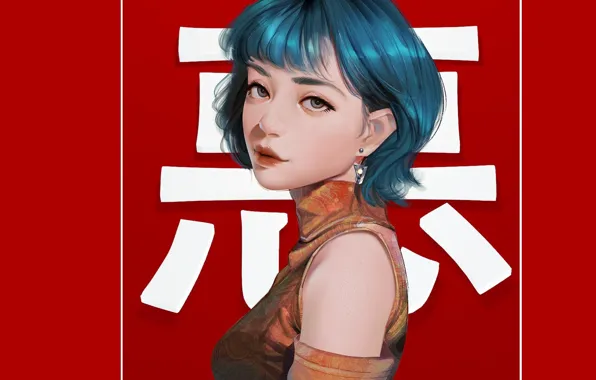 Face, earrings, sponge, character, blue hair, portrait of a girl