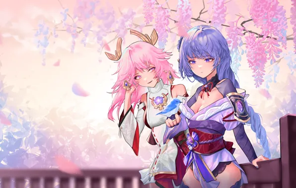 Girls, Wisteria, Genshin Impact, Raiden Shogun, Yae Miko